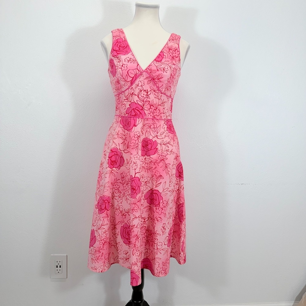 New York & Company V-Neck Coquette Romantic Pink Floral Garden Party Dress‎ Sz 2